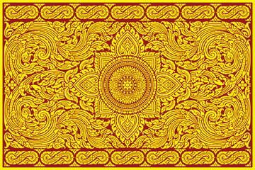 Traditional Thai art bold gold colored filigree pattern in damask style motifs suitable for carpet, cloth, wallpaper, textile and fabric design isolated over red colored background.