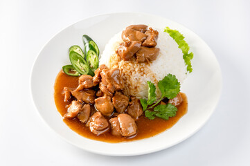 Chicken in brown sauce or gravy sauce with rice  on a white background - Asian food style