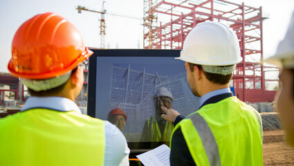 Busy construction workers in hardhats and safety gear are on-site, building and managing industrial projects