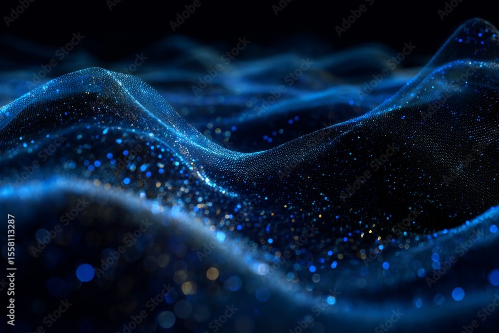 Poster captivating flowing waves of light and sparkle in deep blue colors, evoking a sense of depth and mys