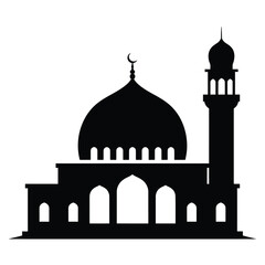 Black silhouette of a mosque with a minaret on a white background