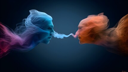 Ethereal Encounter of Two Abstract Faces in Colorful Swirling Smoke Against Dark Background