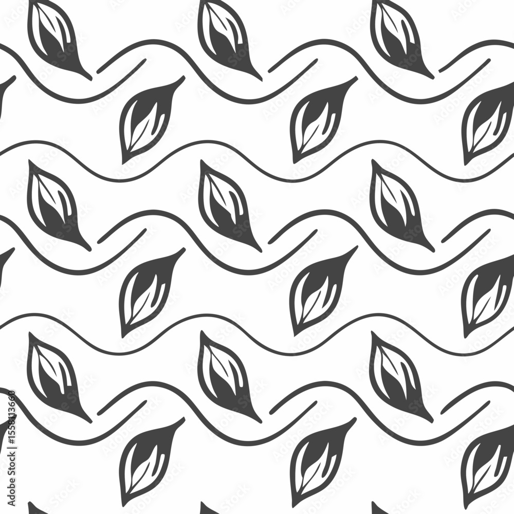 Poster elegant monochrome leaf pattern with wavy lines a seamless design element for backgrounds and textil