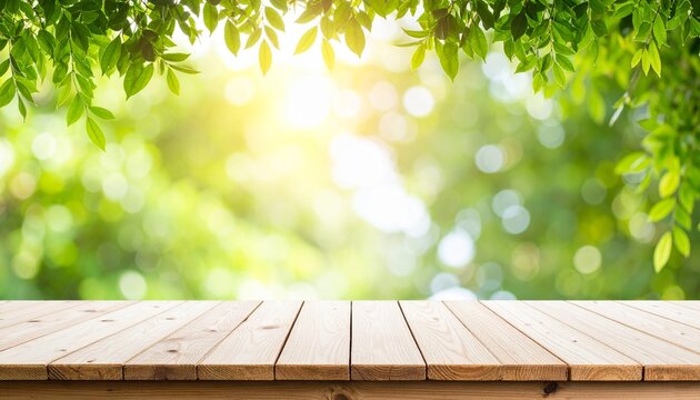 Wooden Table with Greenery Background for Spring or Summer