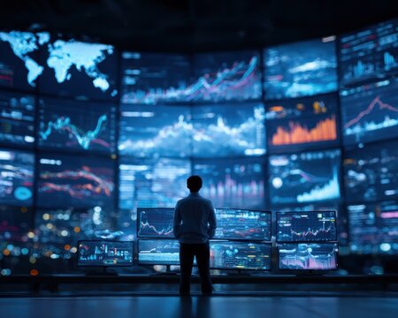 Person observing multiple screens with financial data