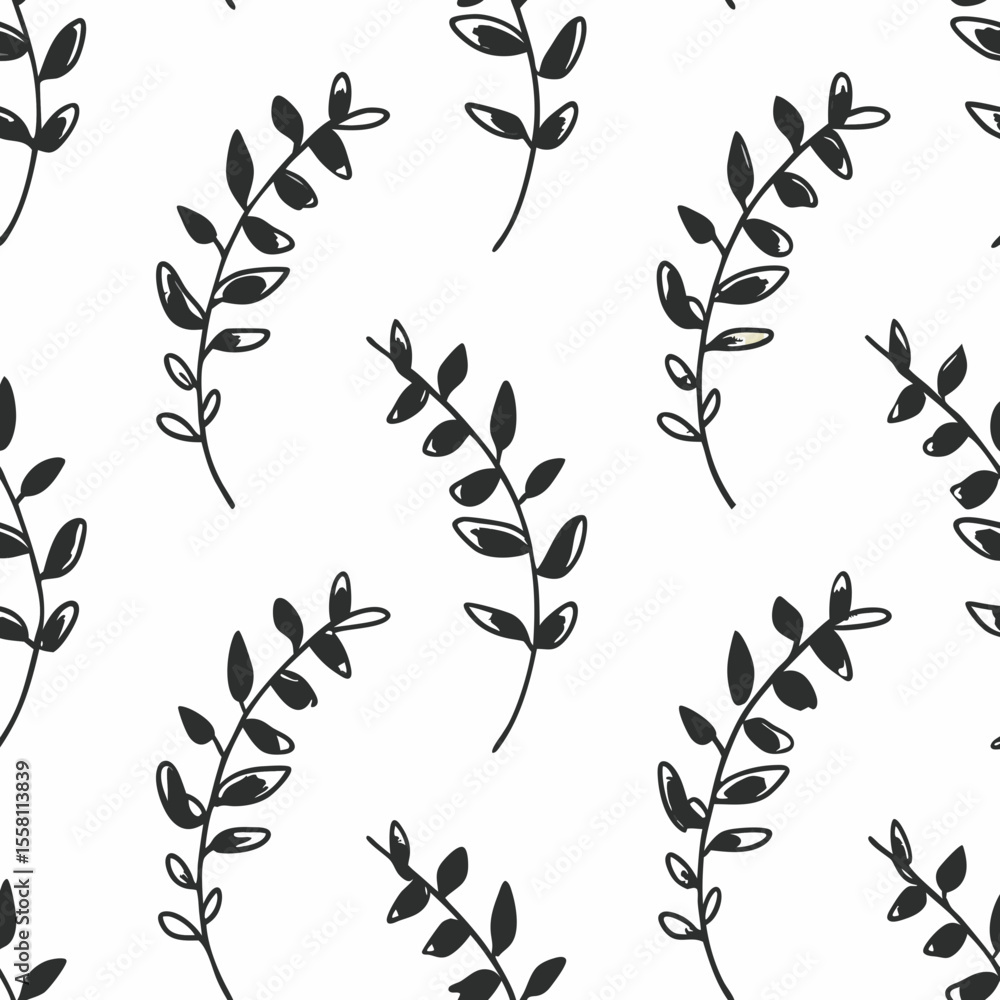 Poster seamless pattern of hand drawn botanical elements featuring repeating stems with leaves in a monochr