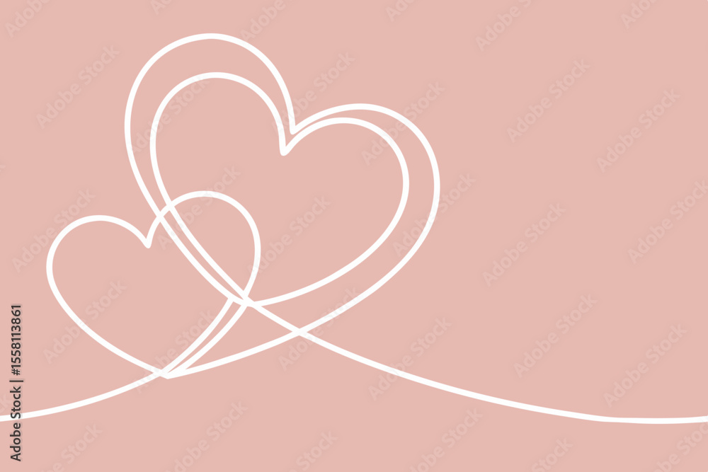 Poster two intertwined hearts continuous line drawing in white on a soft pink background with a clean aesth