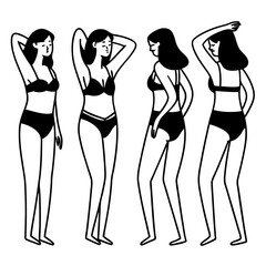 Simple black and white line art depicting four women in underwear posing with arms raised above their heads