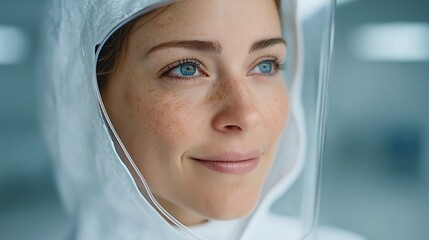 A female surgeon in a sterile medical environment looks up with determination, her face framed by surgical headwear and lighting. The image symbolizes trust, modern surgery, competence