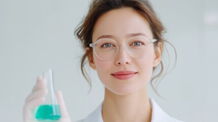 Portrait of a young female scientist with transparent glasses and lab coat, confidently holding a flask with green liquid in a bright modern laboratory. The clean background and focused composition hi