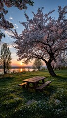 Spring sunrise at a riverside picnic area