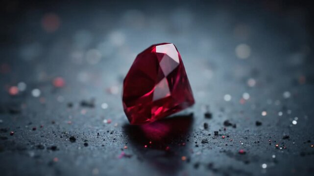 A collection of glittering and polished ruby gems, set against a dark and reflective surface