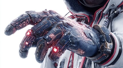 Astronaut's advanced hand-worn device illuminates and interacts within icy, unidentified environment