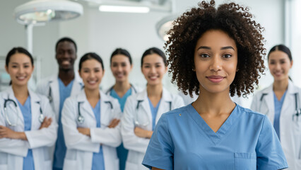 Diverse Medical Team Standing Together in Hospital Operating Room