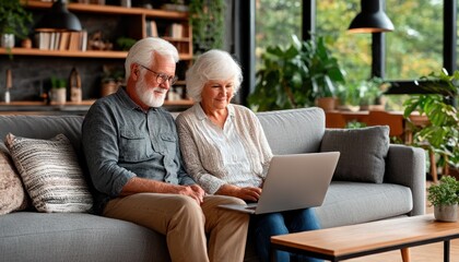Seniors using laptop at home