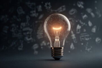 Conceptual Light Bulb with Ideas and Creativity Symbols Against Dark Background, Representing Innovation and Inspiration in Thought Process