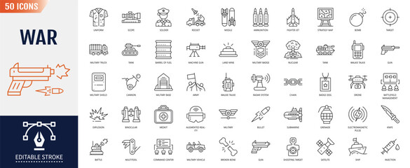 War icon set. Containing army, military, battle, conflict and more. Editable stroke. Vector illustration