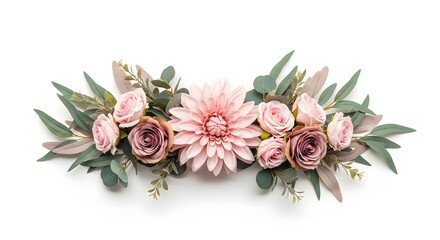 Elegant Pink Floral Arrangement with Greenery: A Delicate and Romantic Composition of Roses and Dahlias
