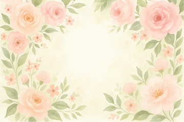 Vintage floral background with romantic pink roses, elegant frame, and decorative hearts for a wedding or Valentine's Day card design