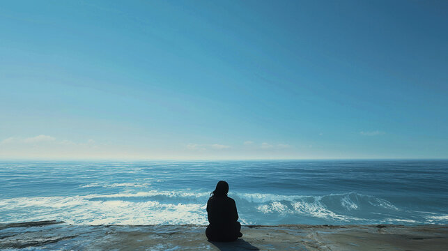 A Woman sits on the shore, facing away from us with its back to the viewer and looking at an endless ocean. 