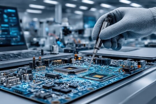 Technician works on circuit board