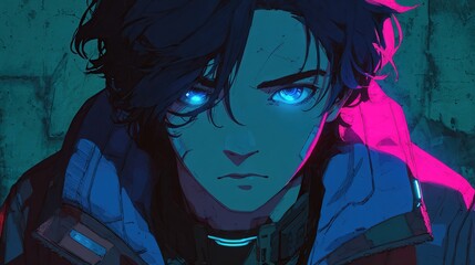 and keyword list based on the image you provided

 Glowing Eyes Man stares intensely against wall in dark room with neon light