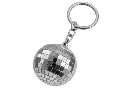 Metallic disco ball keychain dangling from sleek silvery chain, reflecting light against clean transparent backdrop