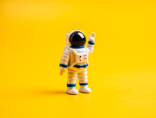 Astronaut toy model, standing with raising hand, isolated on yellow background. Plastic tiny...
