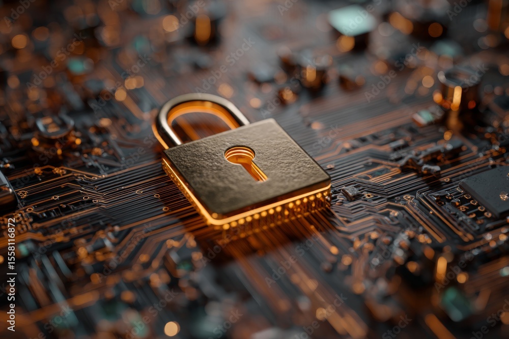 Poster golden padlock on a circuit board background representing digital security, technology protection, a