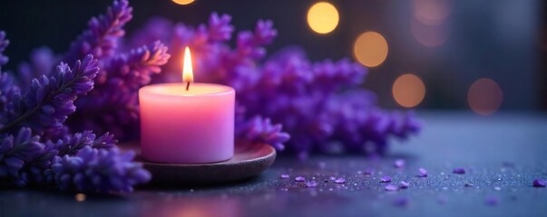 Tranquil Lavender Candlelight Soft Purple Glow Illuminates a Peaceful Spa-Like Bathroom Scene, Perfect for Relaxation and Aromatherapy Themes