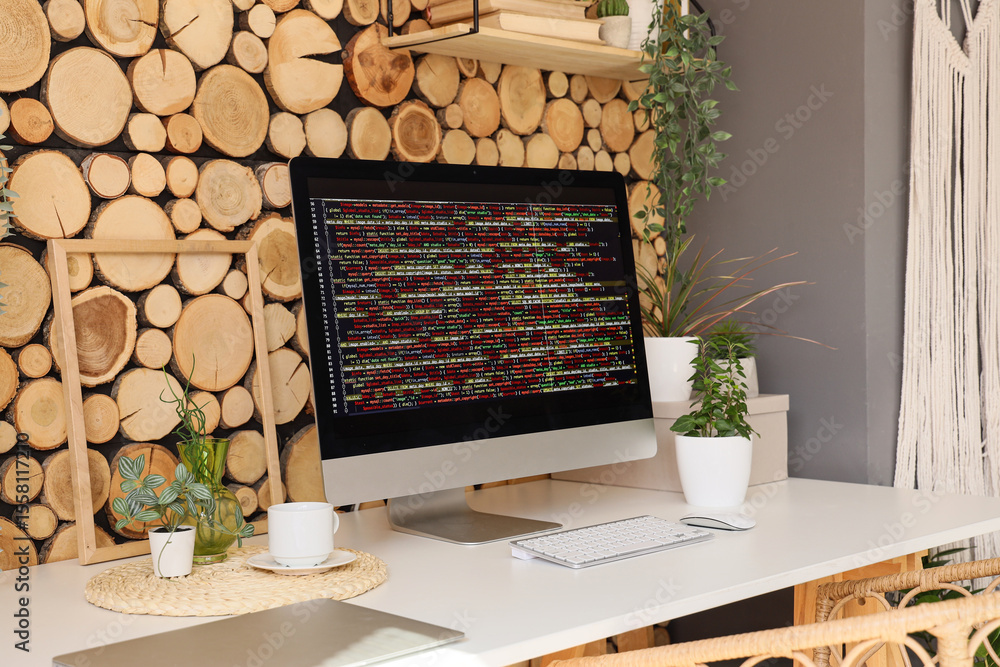 Poster workplace of programmer with modern computer in light office