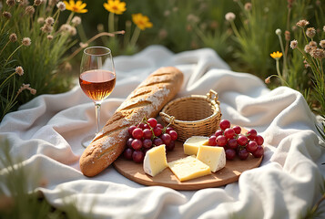 picnic setup with baguette grapes cheese