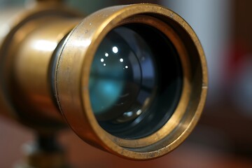 A close-up photograph of a vintage telescope eyepiece, with scratched brass and clear glass