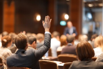 Attendee Raising Hand for Question at Business Conference in Modern Auditorium Setting with Engaged Audience Participating in Discussion