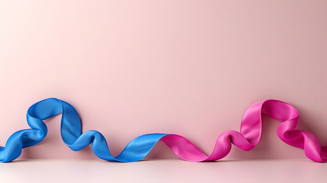 Vibrant Blue and Pink Satin Ribbons on Soft Pink Background for Celebratory Themes