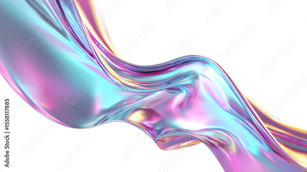Poster iridescent fluid wave with smooth metallic texture flowing in an isolated transparent space