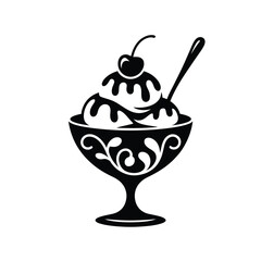 Elegant Ice Cream Sundae with Cherry Topping and Spoon Black Silhouette