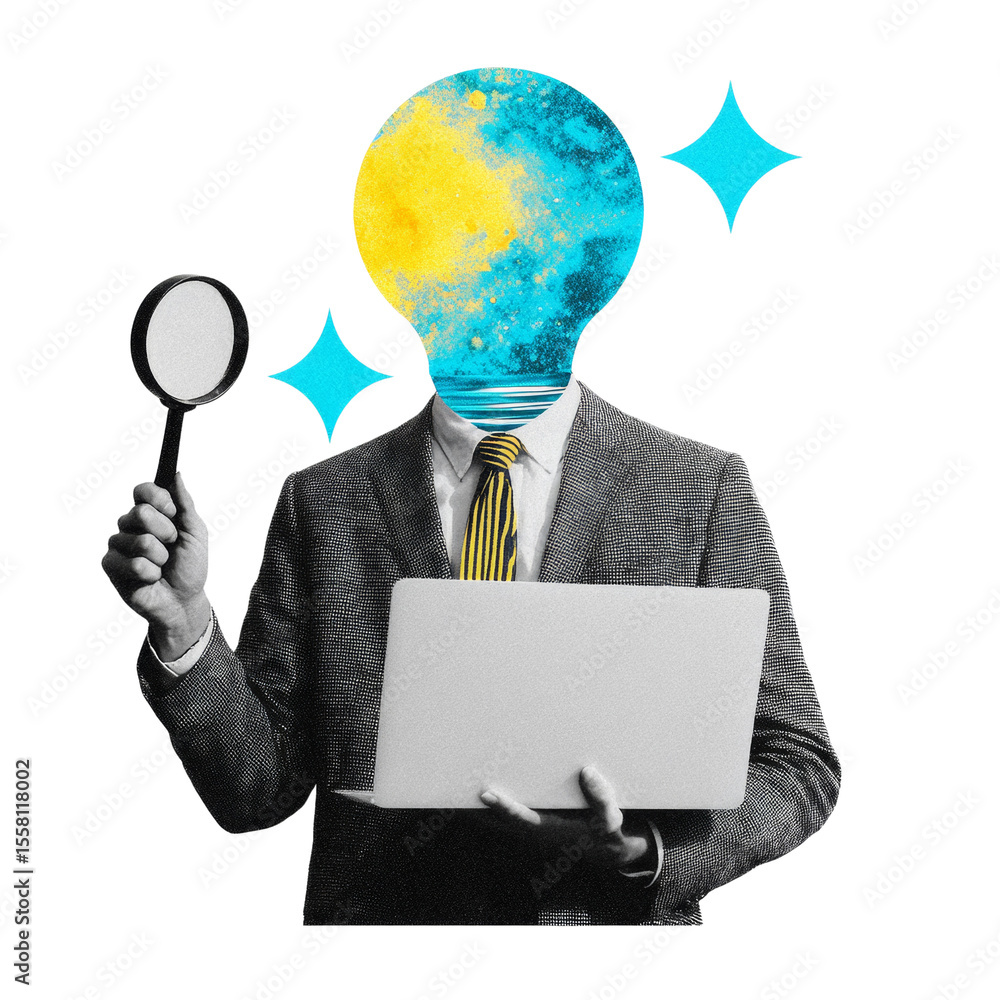 Poster conceptual innovative leader presenting new ideas lightbulb head figure transparent