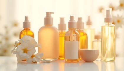 Spa Beauty Products and Flowers on White Background