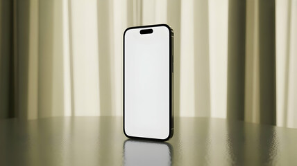 A modern smartphone with a blank white screen standing on a reflective surface in front of curtains