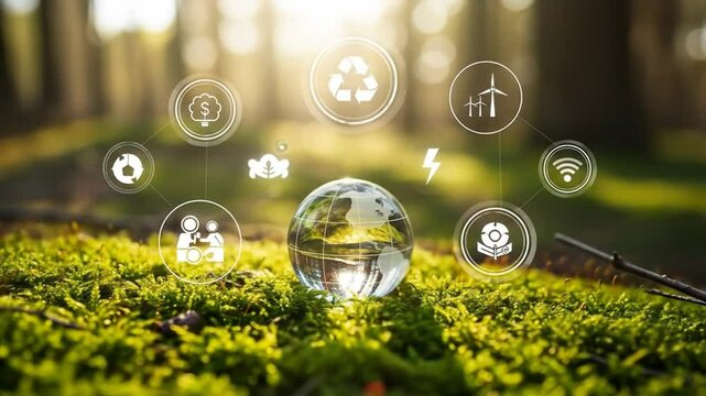 Sustainable Globe Reflecting Eco-Friendly Icons in Sunlit Forest Moss for Green Future