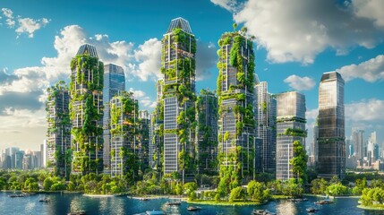 Fototapeta premium A futuristic city where skyscrapers are covered in vertical gardens and solar panels