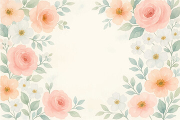 Vintage floral background with romantic pink roses, elegant frame, and decorative hearts for a wedding or Valentine's Day card design