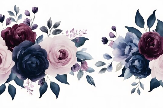 Elegant watercolor floral arrangement featuring beautiful roses in dark blue burgundy and soft pink hues against white