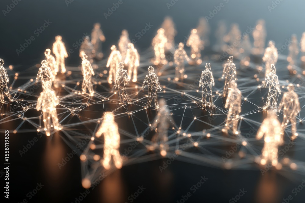 Aufkleber digital network of illuminated human figures interconnected by glowing lines representing social con