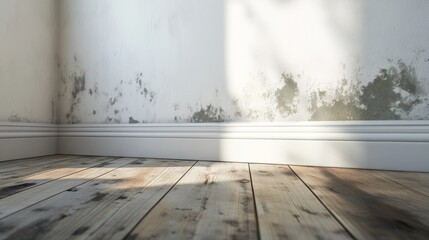 Interior decay documentation, pale wooden laminate floor panels, pristine baseboard molding, contrasting white wall with spreading dark fungal growth, organic green-black mold patterns, minimalist