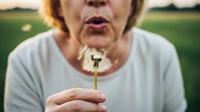 A woman with short, light-brown hair blows on a dandelion seed head outdoors, in a field. Her expression is peaceful and calm