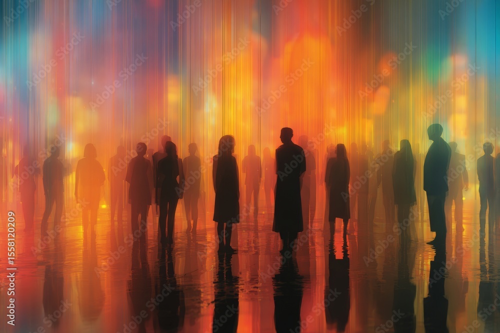 Poster silhouetted figures standing in a vibrant, colorful light display creating an abstract atmosphere in