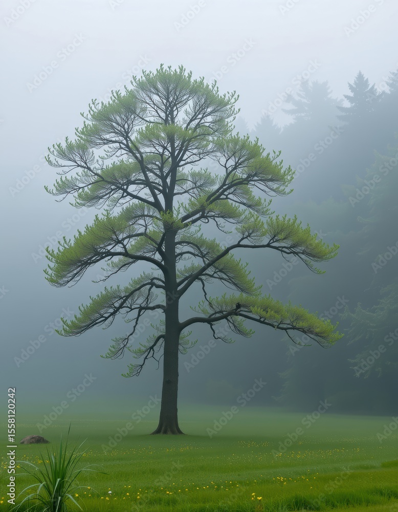 Aufkleber a lone pine tree stands tall in a misty field with a faint outline of forest trees in the background