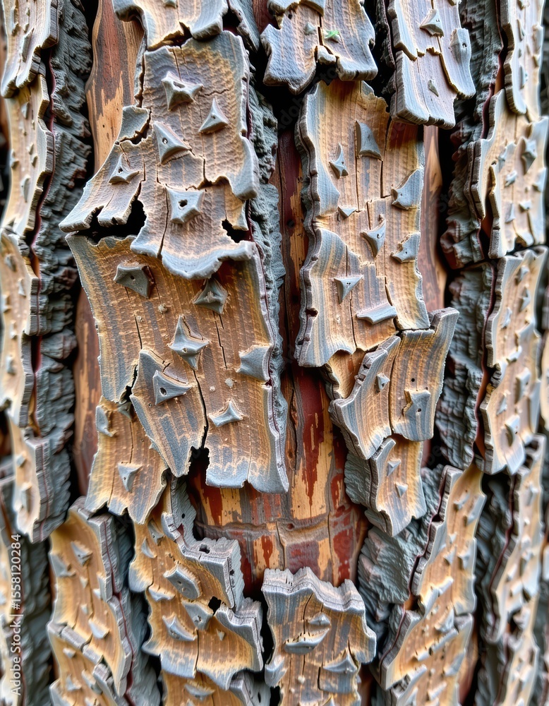 Poster close-up image of peeling tree bark revealing textured layers and natural patterns in earthy tones.